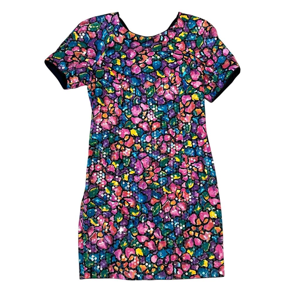 Vintage Rimini Sequin Party Dress 90s Abstract Floral Print Mini Cutout Size 8